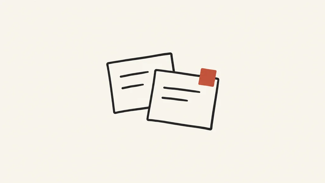 Two outlined note cards with a rust sticky note
